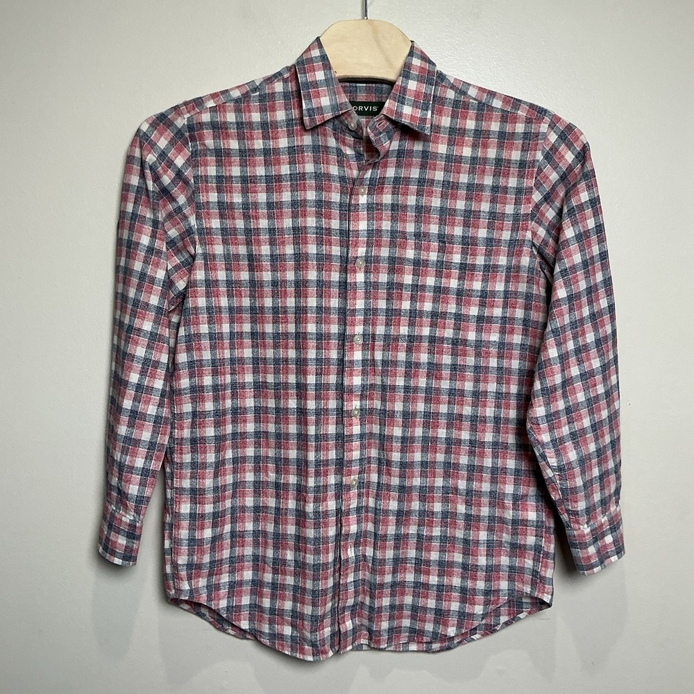 Orvis Shirt Mens Linen Blend Long Sleeve Button Shirt Size Medium Check Preppy